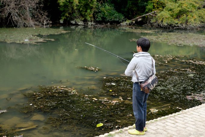 南郷公園で釣りをする少年