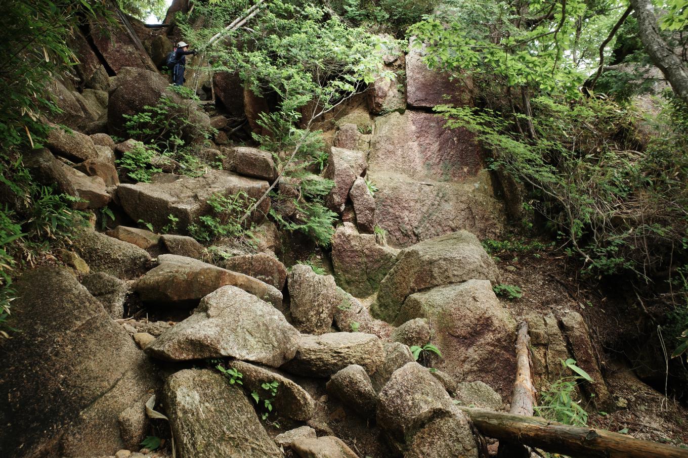 石が階段のように積み重なった登山道。