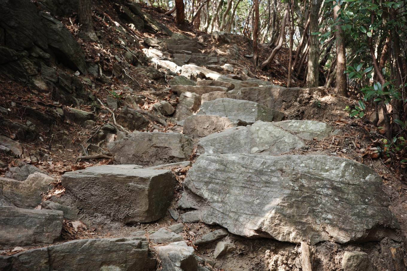 石の積み重なる登山道。